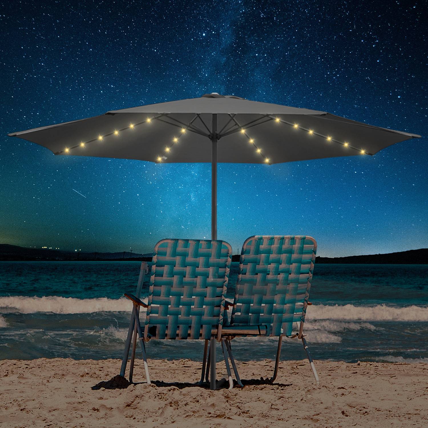 Sonnenschirm Ø350cm inkl. LED Gartenschirm 360° drehbar Terrassenschirm Ampelschirm Marktschirm Strandschirm - mit LED - Grau