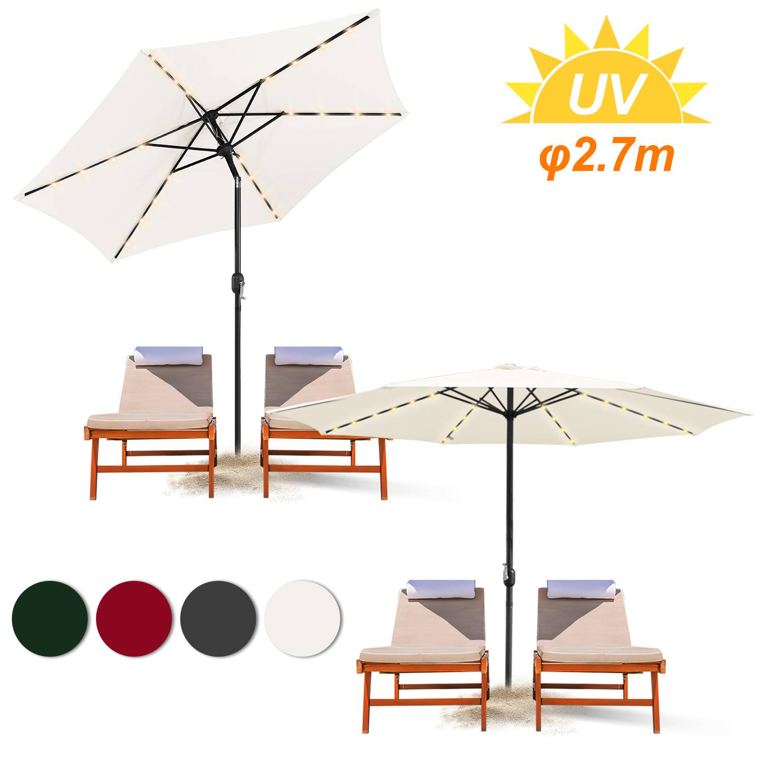 Sonnenschirm Ø2.7m inkl. LED Gartenschirm 360° drehbar Terrassenschirm Ampelschirm Marktschirm Strandschirm - mit LED - Beige