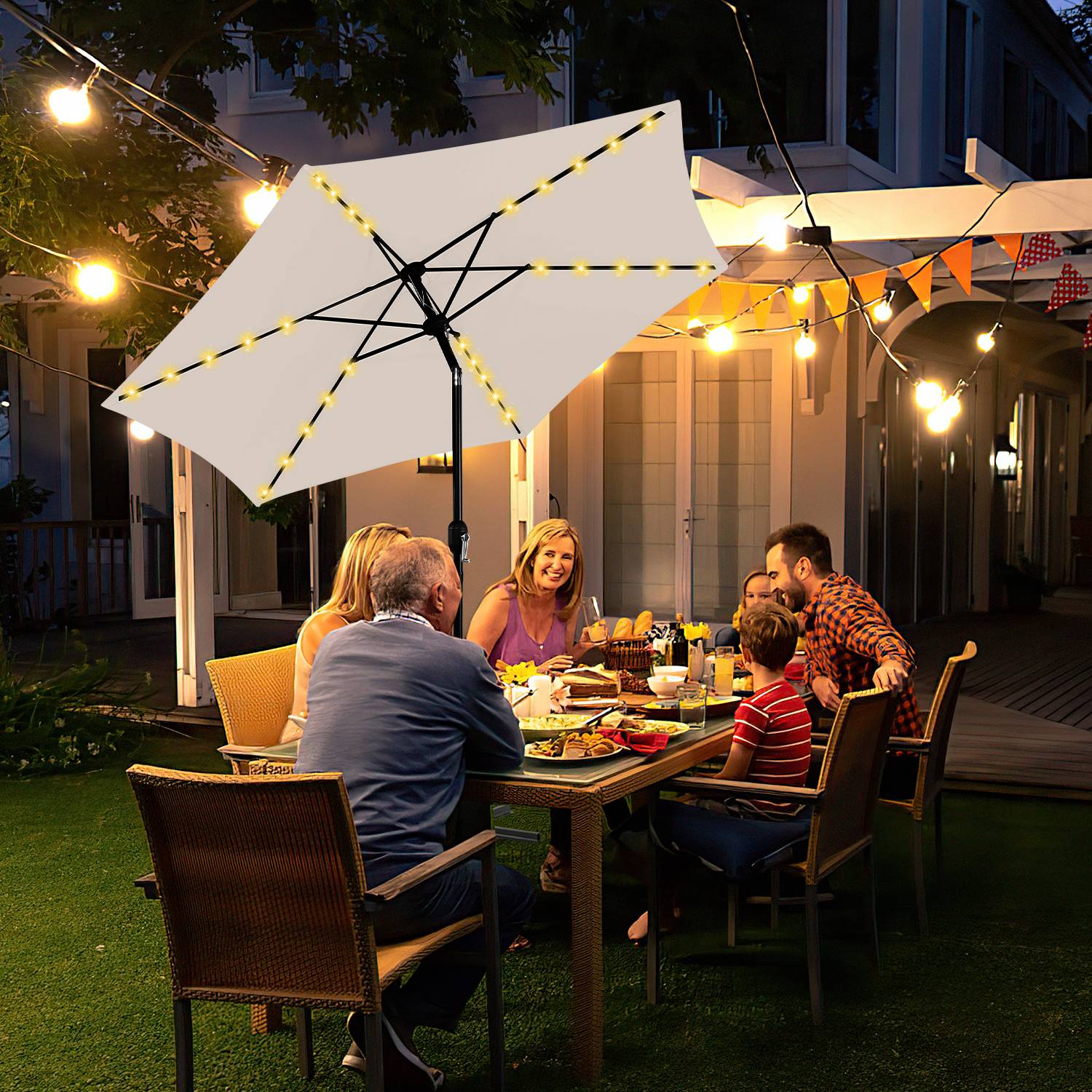 Sonnenschirm Ø2.7m inkl. LED Gartenschirm 360° drehbar Terrassenschirm Ampelschirm Marktschirm Strandschirm - mit LED - Beige