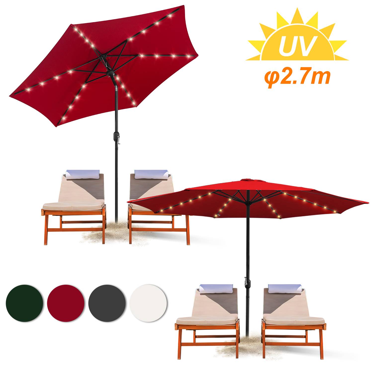 Sonnenschirm Ø2.7m inkl. LED Gartenschirm 360° drehbar Terrassenschirm Ampelschirm Marktschirm Strandschirm - mit LED - Rot