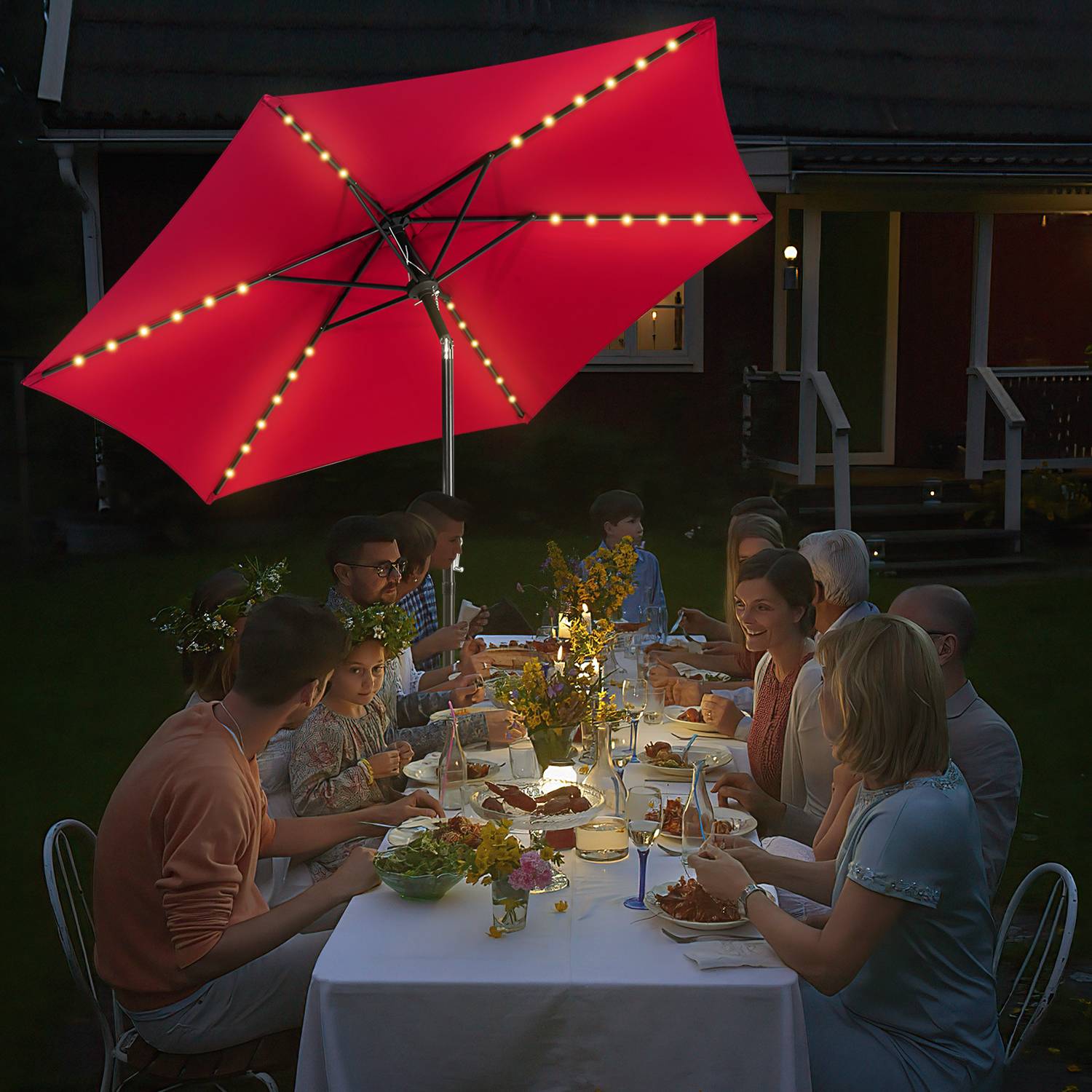 Sonnenschirm Ø2.7m inkl. LED Gartenschirm 360° drehbar Terrassenschirm Ampelschirm Marktschirm Strandschirm - mit LED - Rot