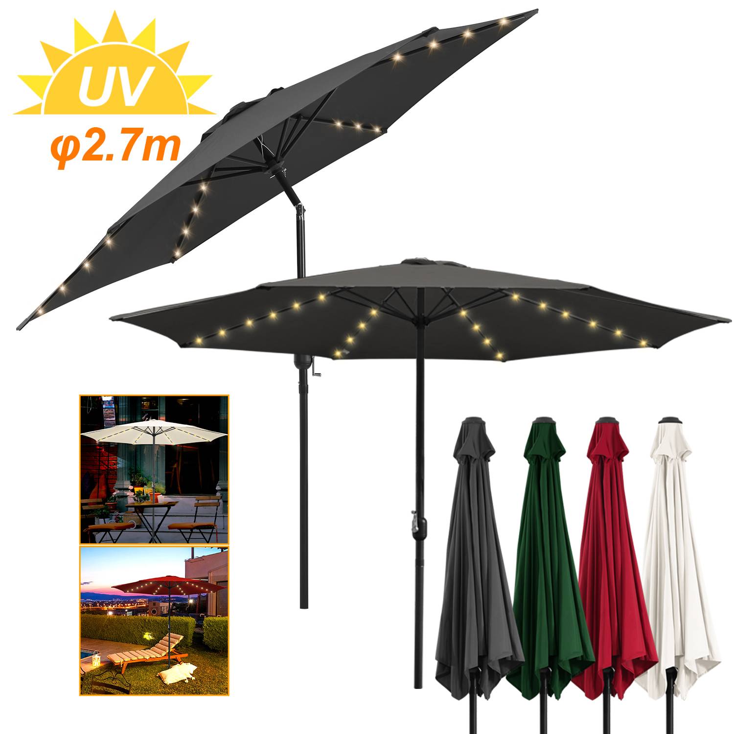 Sonnenschirm Ø2.7m inkl. LED Gartenschirm 360° drehbar Terrassenschirm Ampelschirm Marktschirm Strandschirm - mit LED - Grau