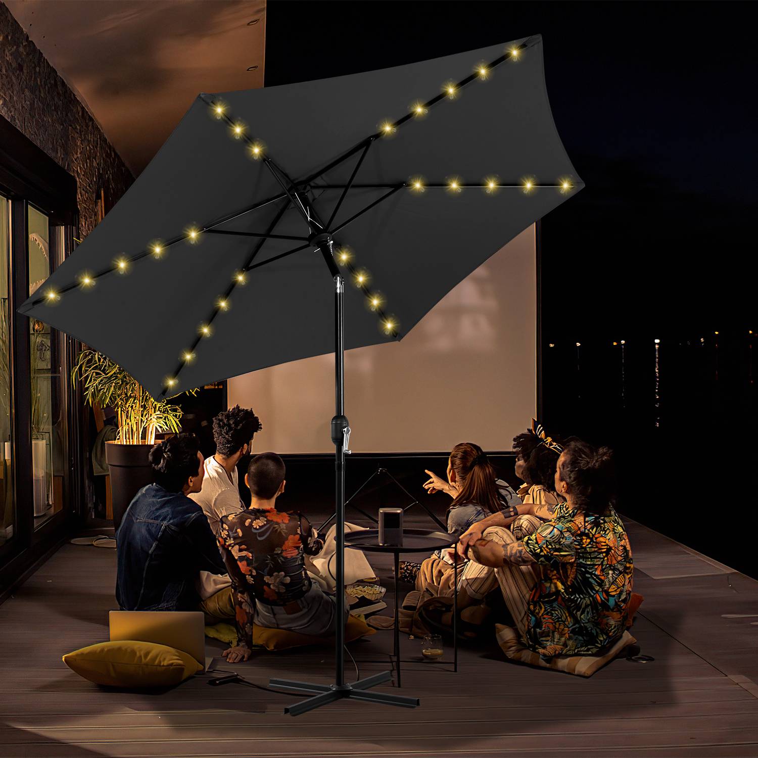 Sonnenschirm Ø2.7m inkl. LED Gartenschirm 360° drehbar Terrassenschirm Ampelschirm Marktschirm Strandschirm - mit LED - Grau