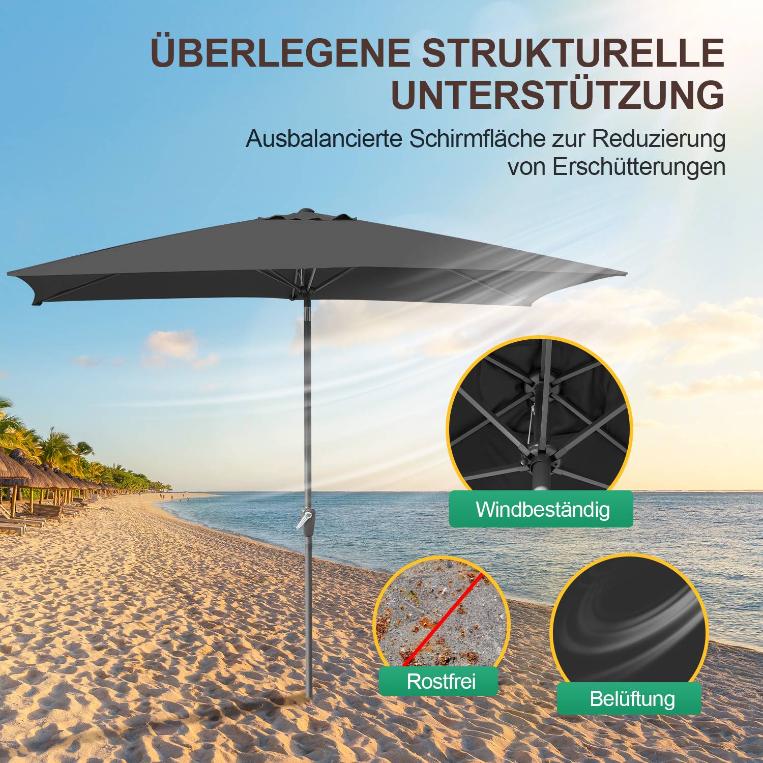 Sonnenschirm Rechteckig Balkonschirm Ø210x140cm Grau beidseitig um 30° knickbar mit kurbel Marktschirm Terrassenschirm Sonnenschutz Gartenschirm