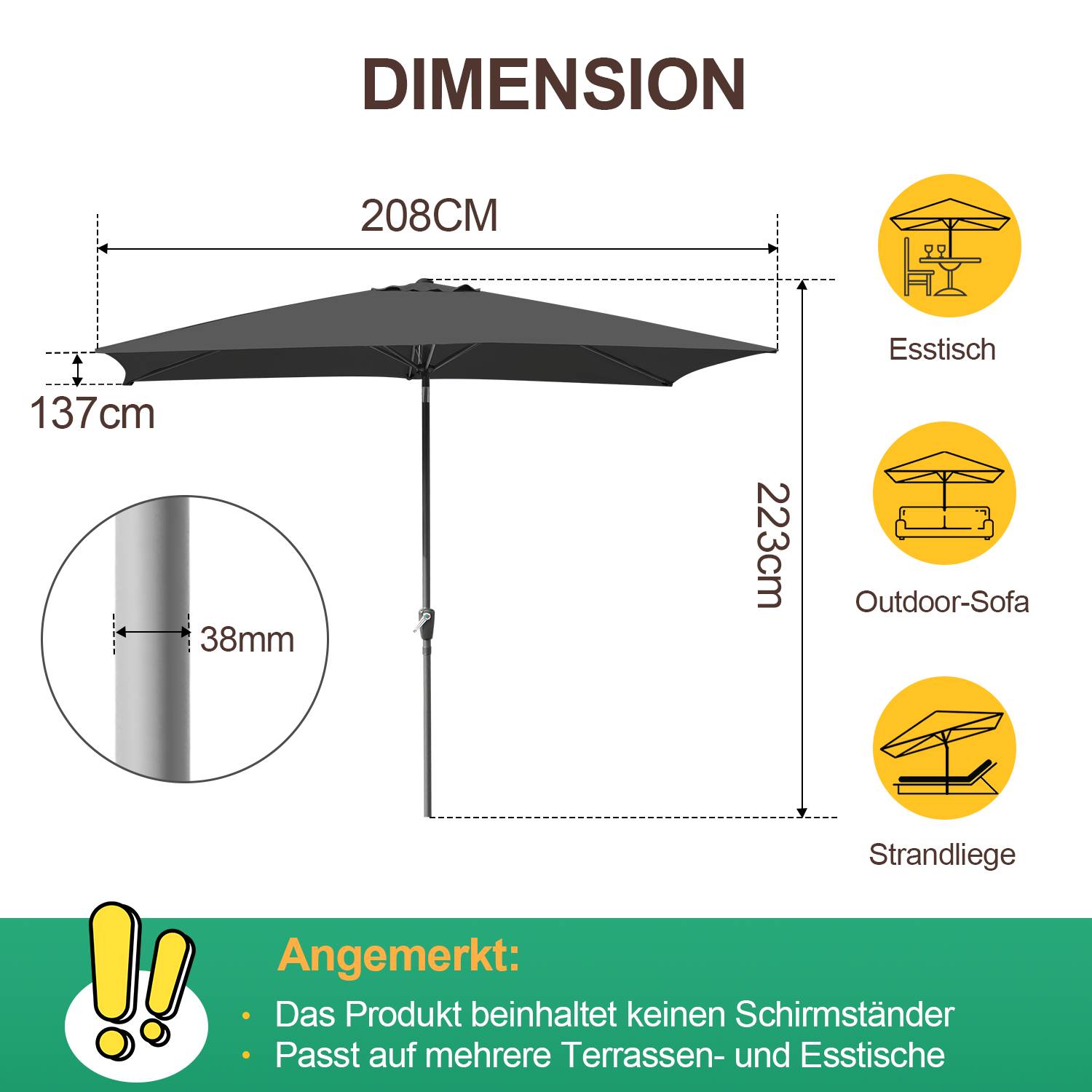 Sonnenschirm Rechteckig Balkonschirm Ø210x140cm Grau beidseitig um 30° knickbar mit kurbel Marktschirm Terrassenschirm Sonnenschutz Gartenschirm