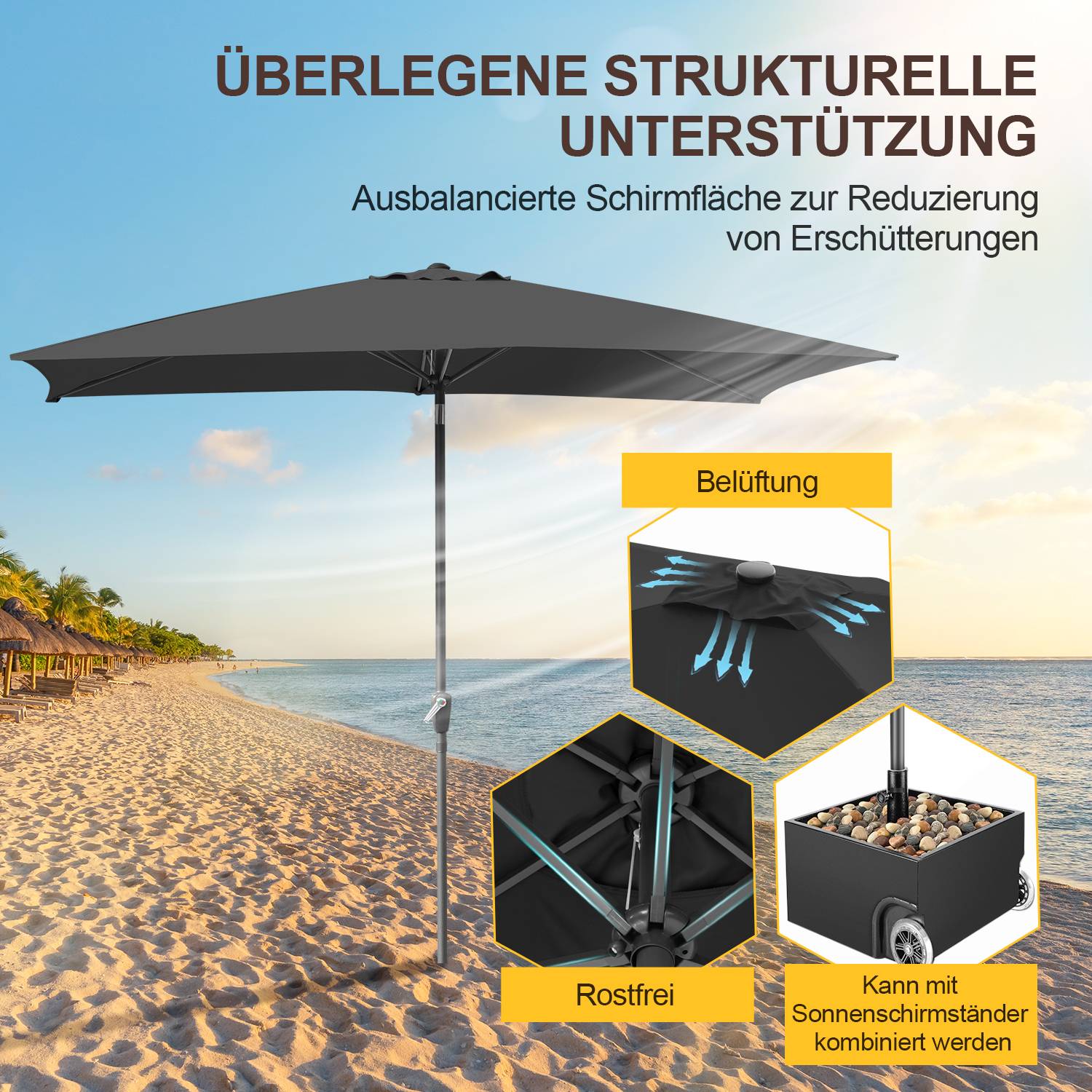 Sonnenschirm Ø210x140cm mit LED, UV-Schutz, Kurbel - Grau, Ampelschirm beidseitig um 30° knickbar Rechteckig Balkonschirm
