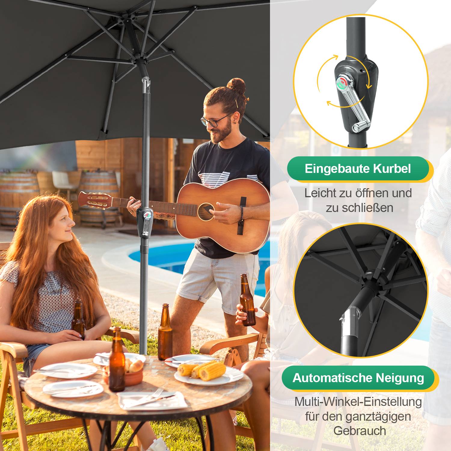 Sonnenschirm Ø300x200cm mit LED, UV-Schutz, Kurbel - Grau, Ampelschirm beidseitig um 30° knickbar Rechteckig Balkonschirm