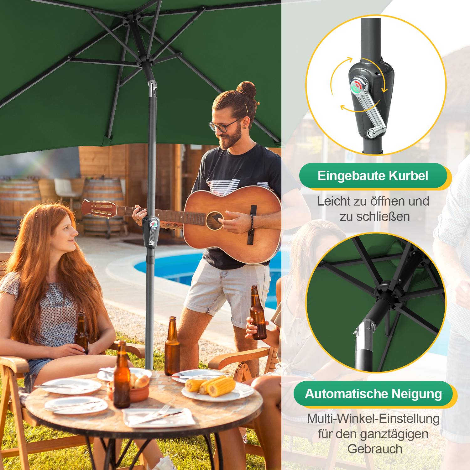 Sonnenschirm Rechteckig,Kurbel Knickbar Eisen Balkonschirm Marktschirm,neigbar,2 x 3m,Grün