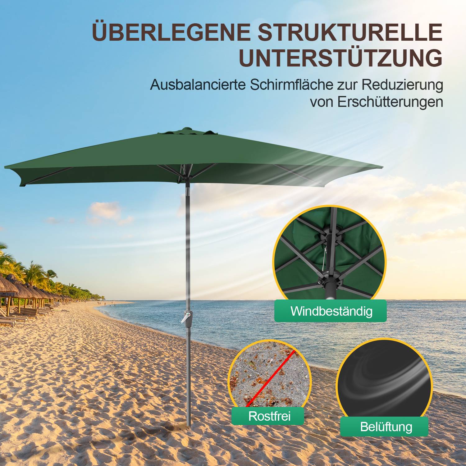 Sonnenschirm Ø300x200cm mit LED, UV-Schutz, Kurbel - Grün, Ampelschirm beidseitig um 30° knickbar Rechteckig Balkonschirm