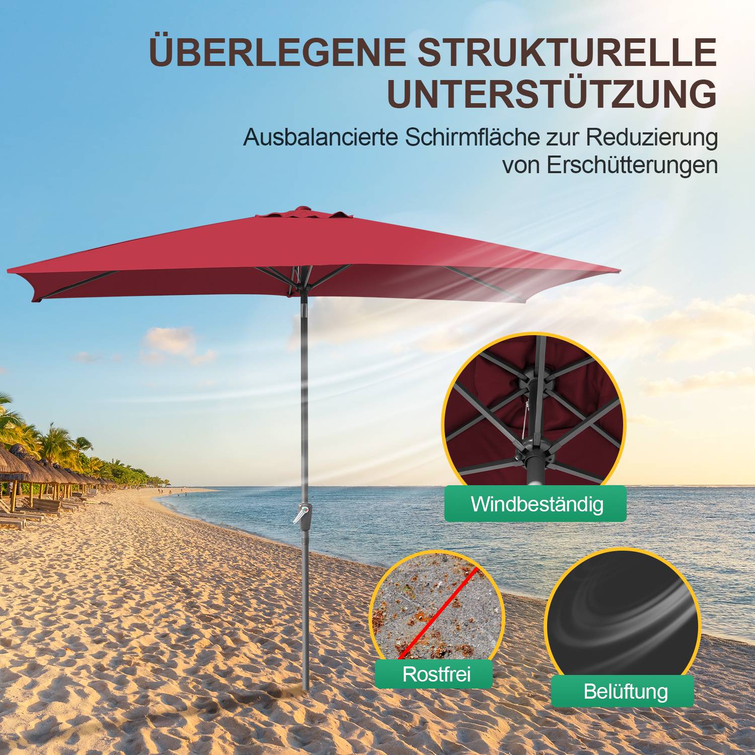 Sonnenschirm Ø300x200cm mit LED, UV-Schutz, Kurbel - Rot, Ampelschirm beidseitig um 30° knickbar Rechteckig Balkonschirm