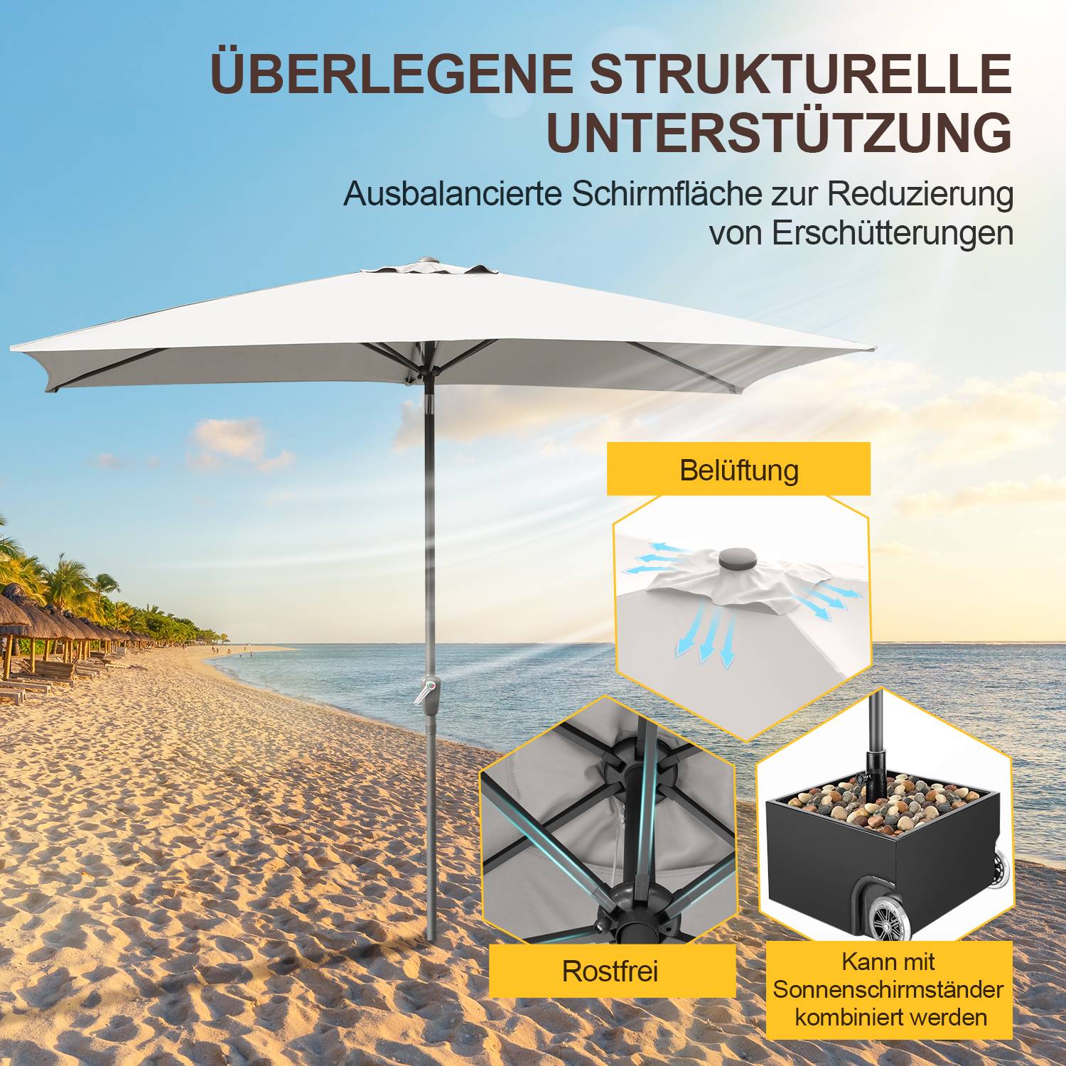 Sonnenschirm Ø210x140cm mit LED, UV-Schutz, Kurbel - Beige, Ampelschirm beidseitig um 30° knickbar Rechteckig Balkonschirm
