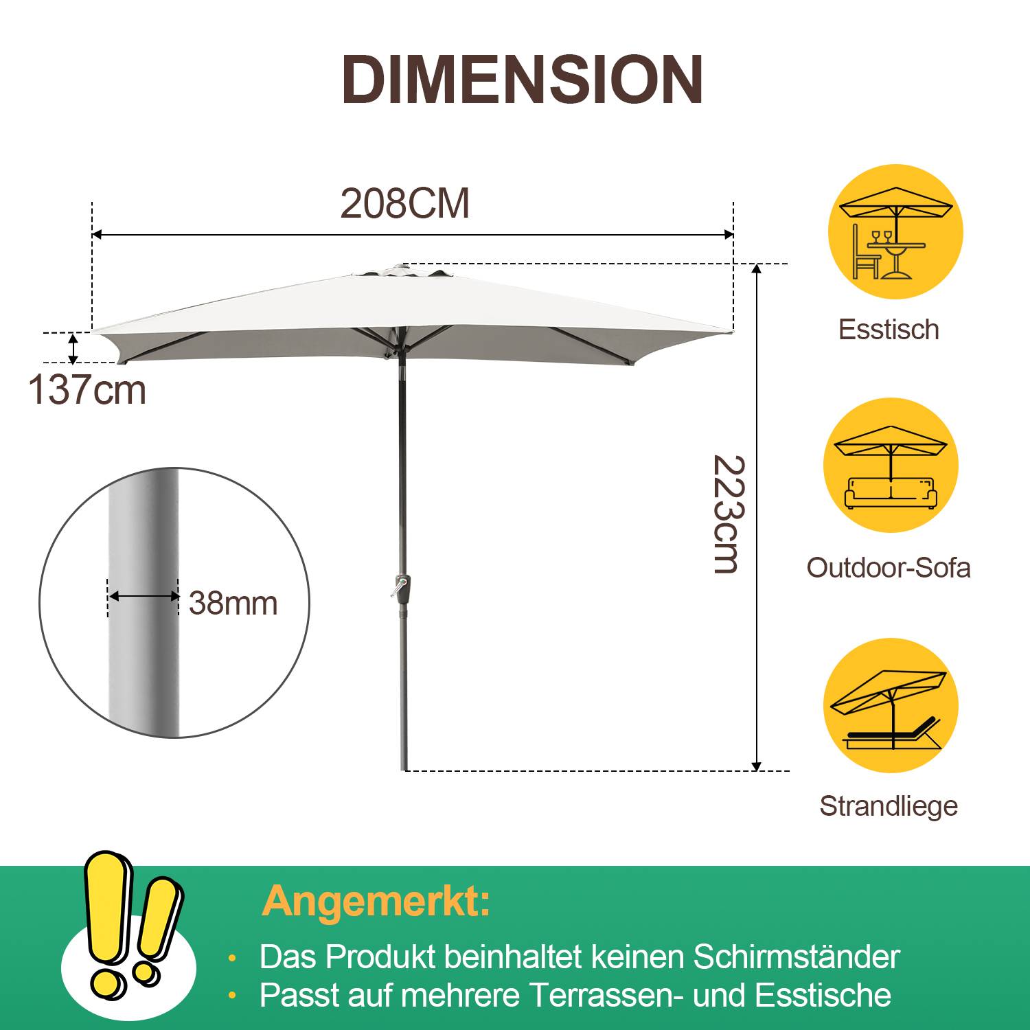 Sonnenschirm Rechteckig Balkonschirm Ø210x140cm Beige beidseitig um 30° knickbar mit kurbel Marktschirm Terrassenschirm Sonnenschutz Gartenschirm