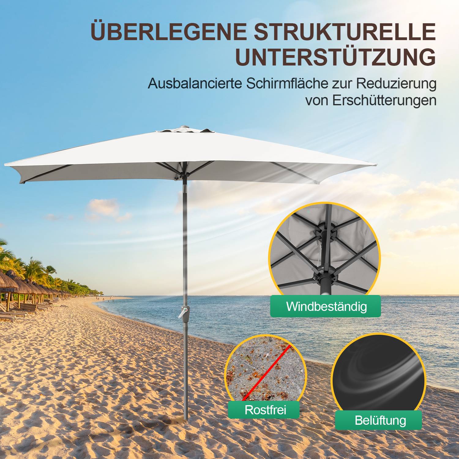 Sonnenschirm Ø300x200cm mit LED, UV-Schutz, Kurbel - Beige, Ampelschirm beidseitig um 30° knickbar Rechteckig Balkonschirm