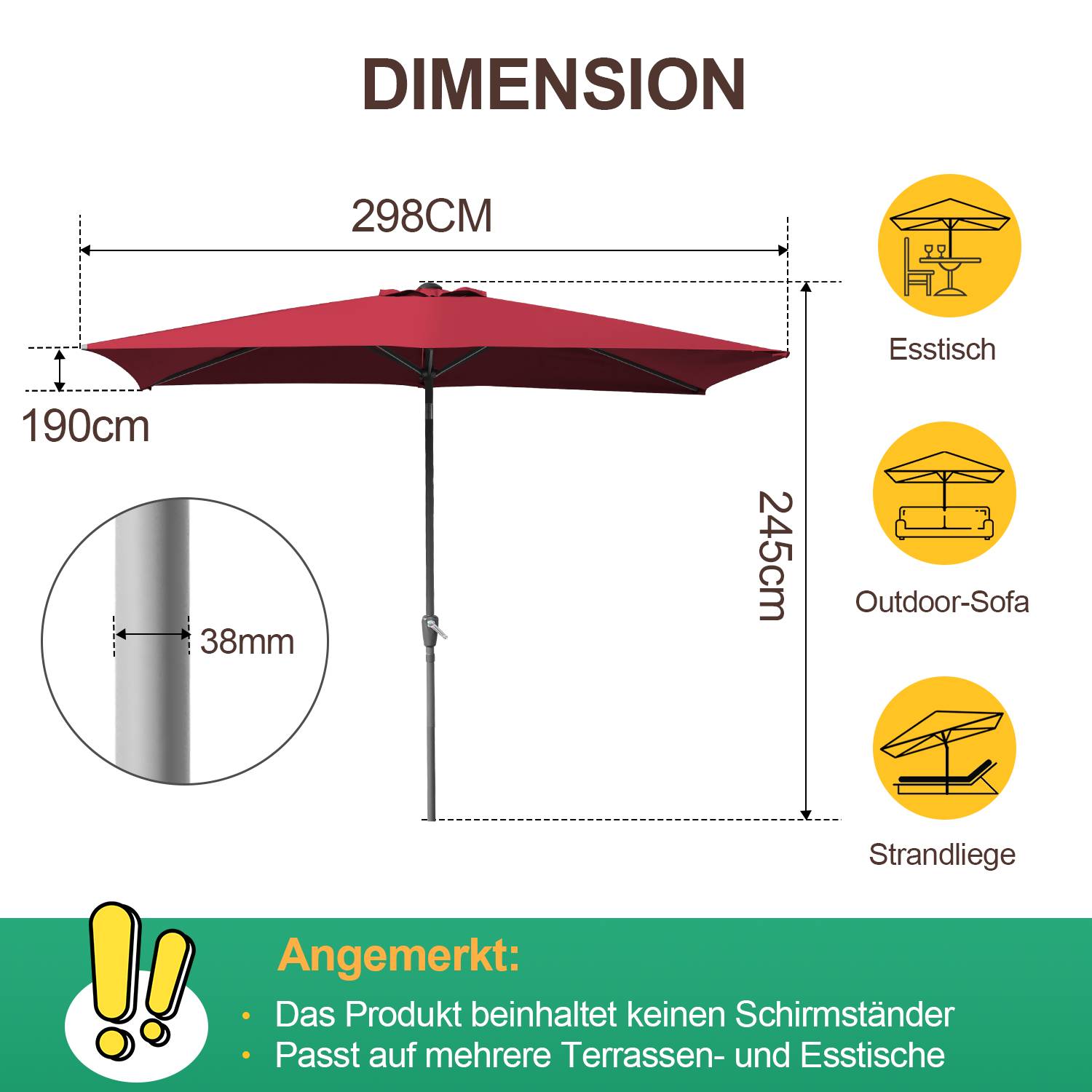 Sonnenschirm Rechteckig Balkonschirm Ø300x200cm Rot beidseitig um 30° knickbar mit kurbel Marktschirm Terrassenschirm Sonnenschutz Gartenschirm