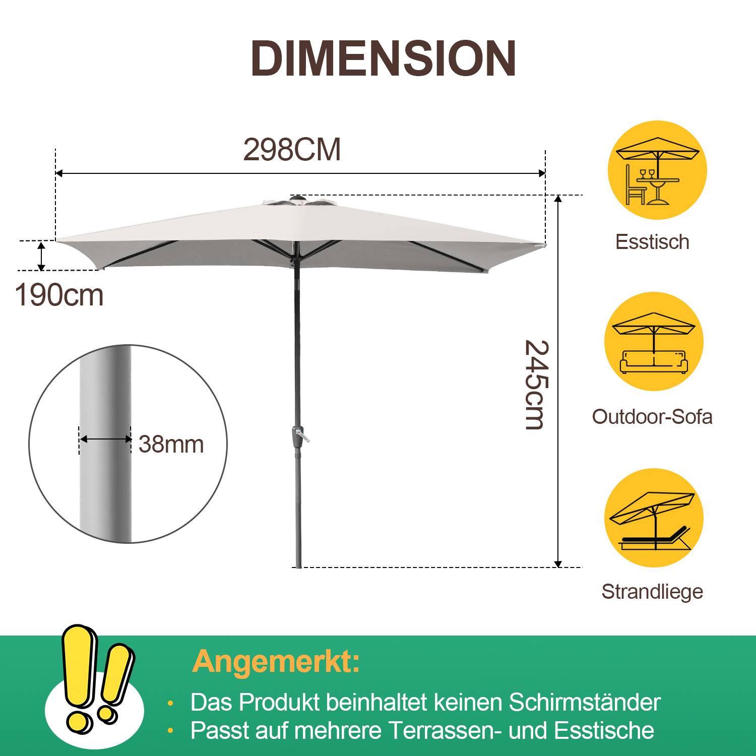 Sonnenschirm Rechteckig Balkonschirm Ø300x200cm Beige beidseitig um 30° knickbar mit kurbel Marktschirm Terrassenschirm Sonnenschutz Gartenschirm