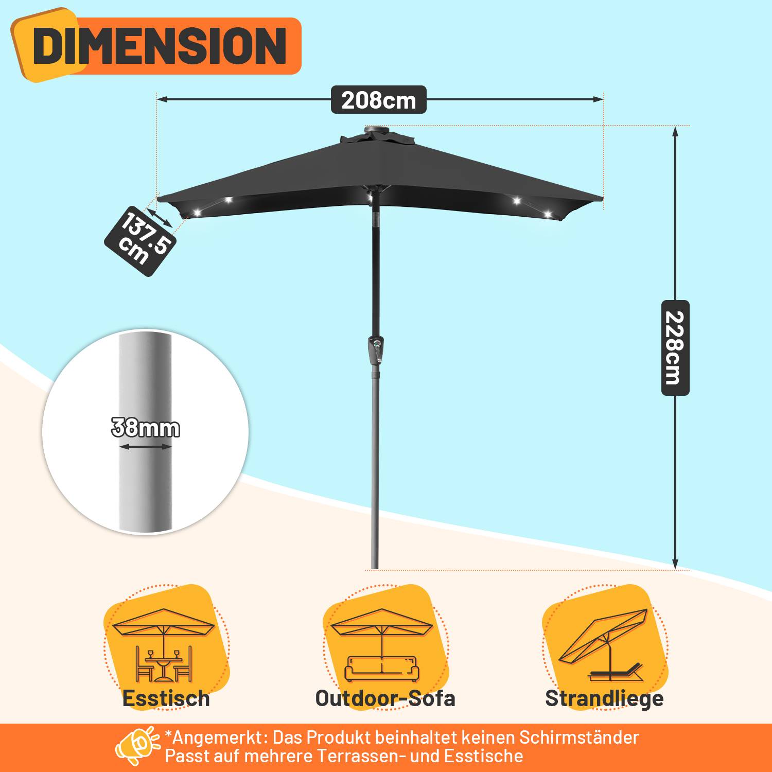 Sonnenschirm Rechteckig,Kurbel Knickbar Eisen Balkonschirm Marktschirm,neigbar,1.4x2.1m,LED,Grau