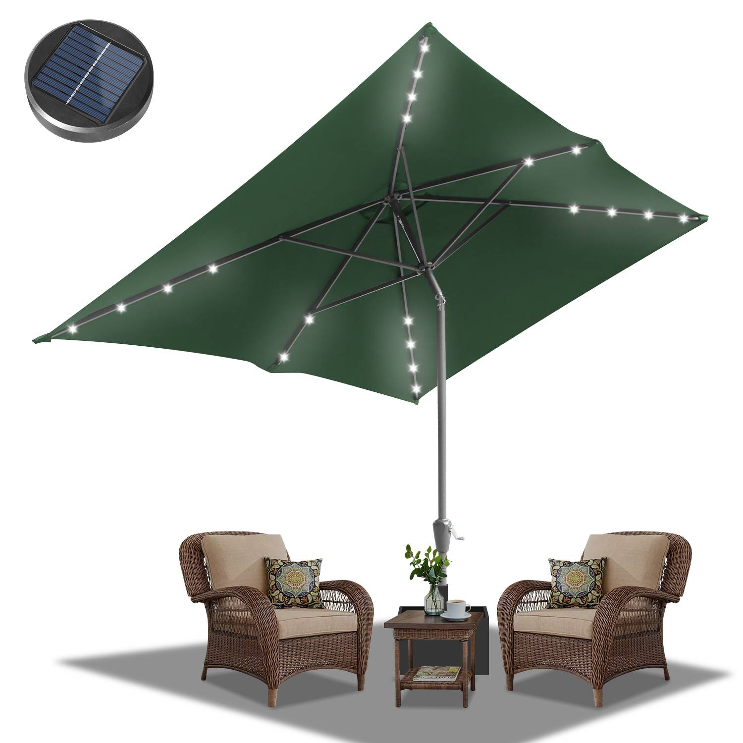 Sonnenschirm Ø300x200cm mit LED, UV-Schutz, Kurbel - Grün, Ampelschirm beidseitig um 30° knickbar Rechteckig Balkonschirm