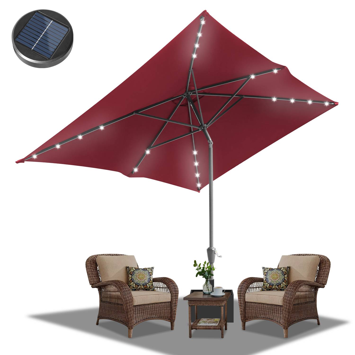 Sonnenschirm Ø210x140cm mit LED, UV-Schutz, Kurbel - Rot, Ampelschirm beidseitig um 30° knickbar Rechteckig Balkonschirm