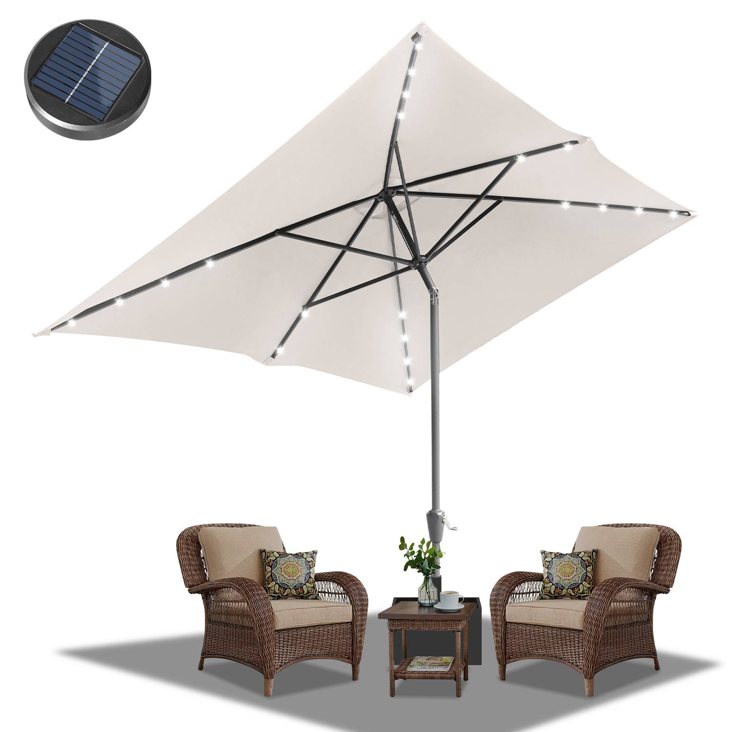 Sonnenschirm Ø300x200cm mit LED, UV-Schutz, Kurbel - Beige, Ampelschirm beidseitig um 30° knickbar Rechteckig Balkonschirm