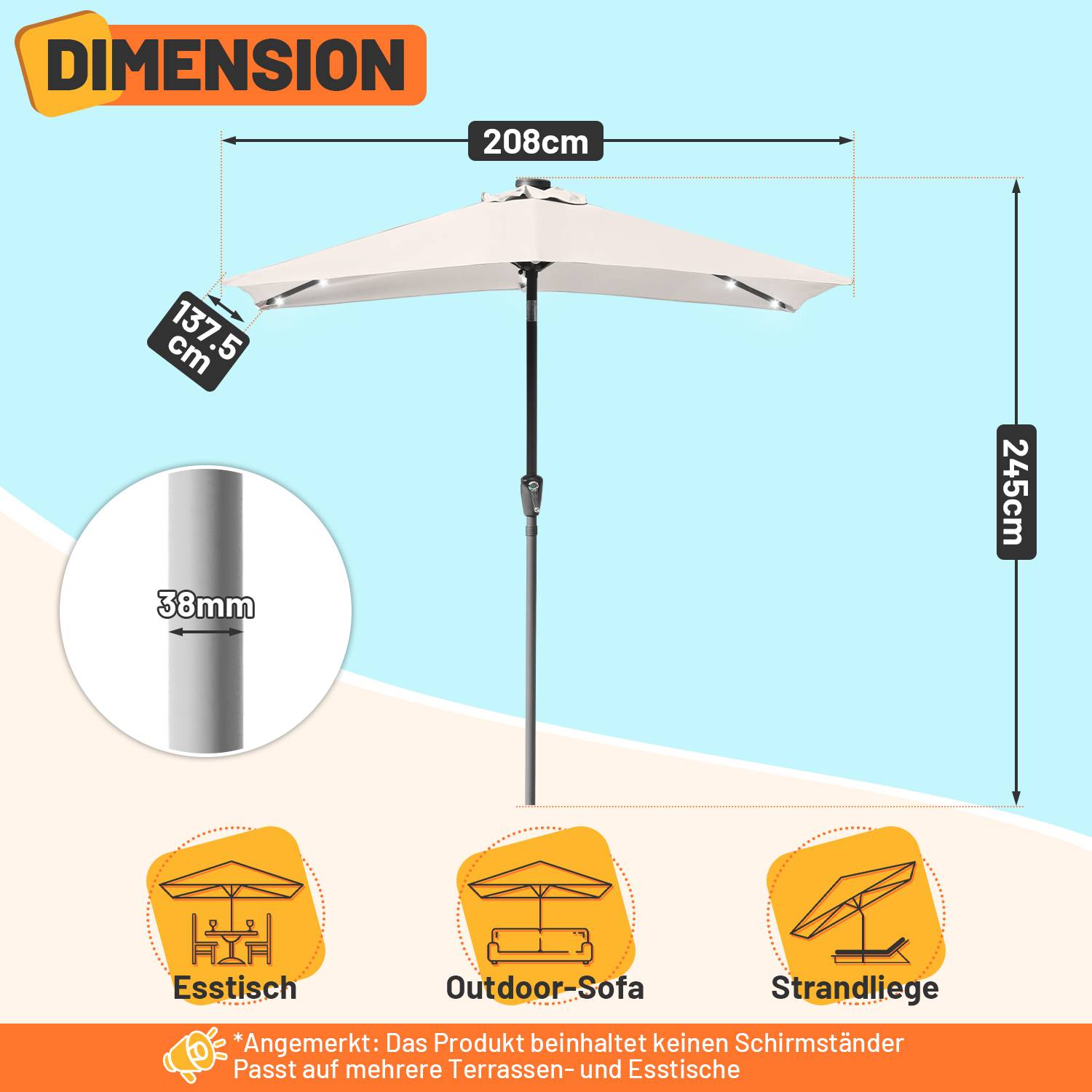 Sonnenschirm Rechteckig,Kurbel Knickbar Eisen Balkonschirm Marktschirm,neigbar,1.4x2.1m,LED,Beige