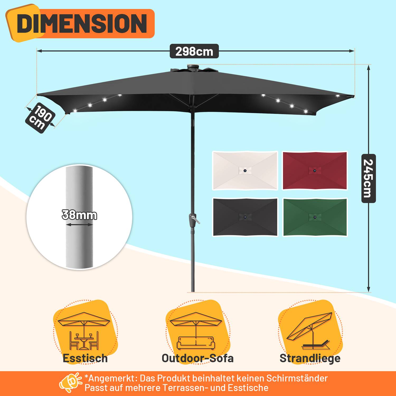 Sonnenschirm Ø300x200cm mit LED, UV-Schutz, Kurbel - Grau, Ampelschirm beidseitig um 30° knickbar Rechteckig Balkonschirm