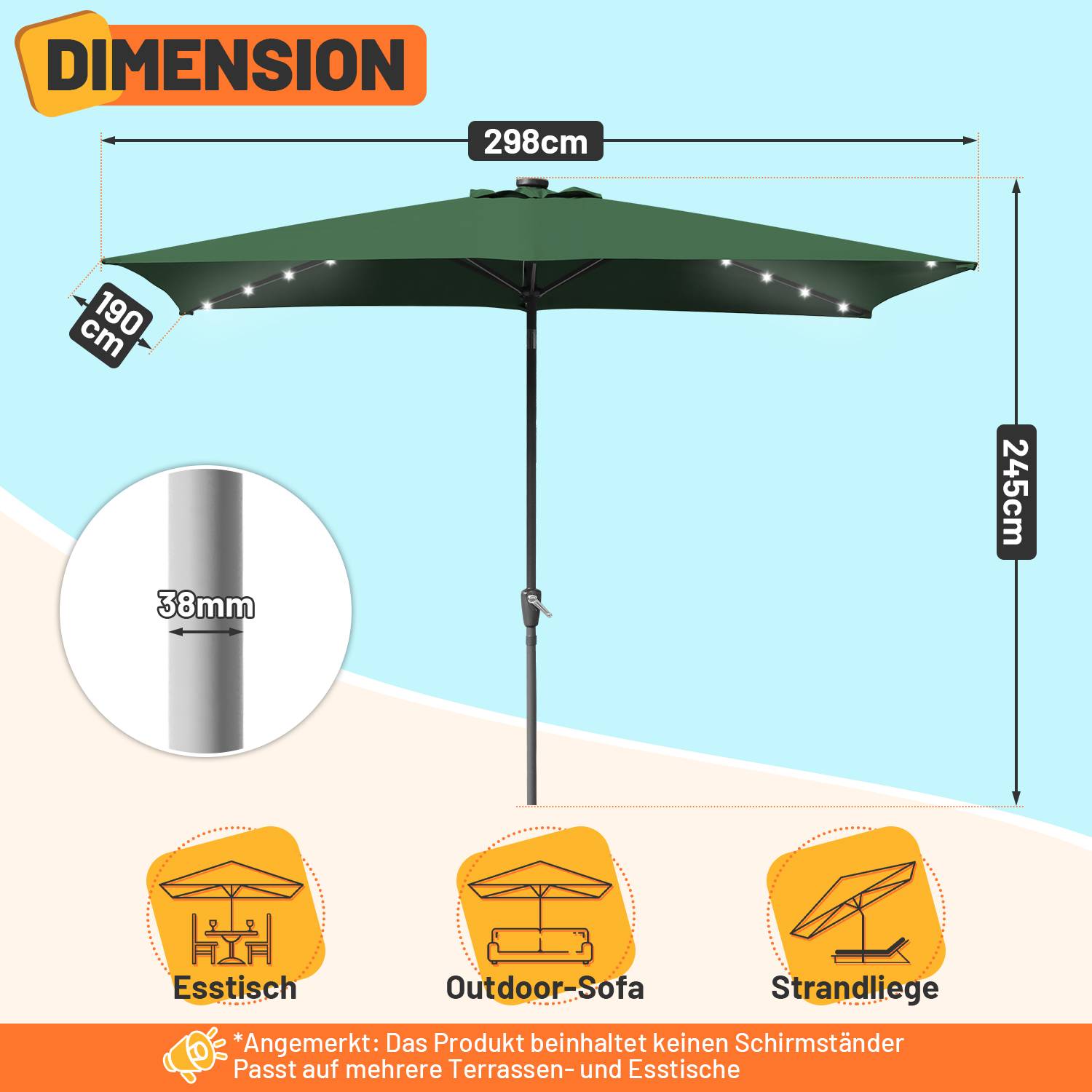 Sonnenschirm Ø300x200cm mit LED, UV-Schutz, Kurbel - Grün, Ampelschirm beidseitig um 30° knickbar Rechteckig Balkonschirm
