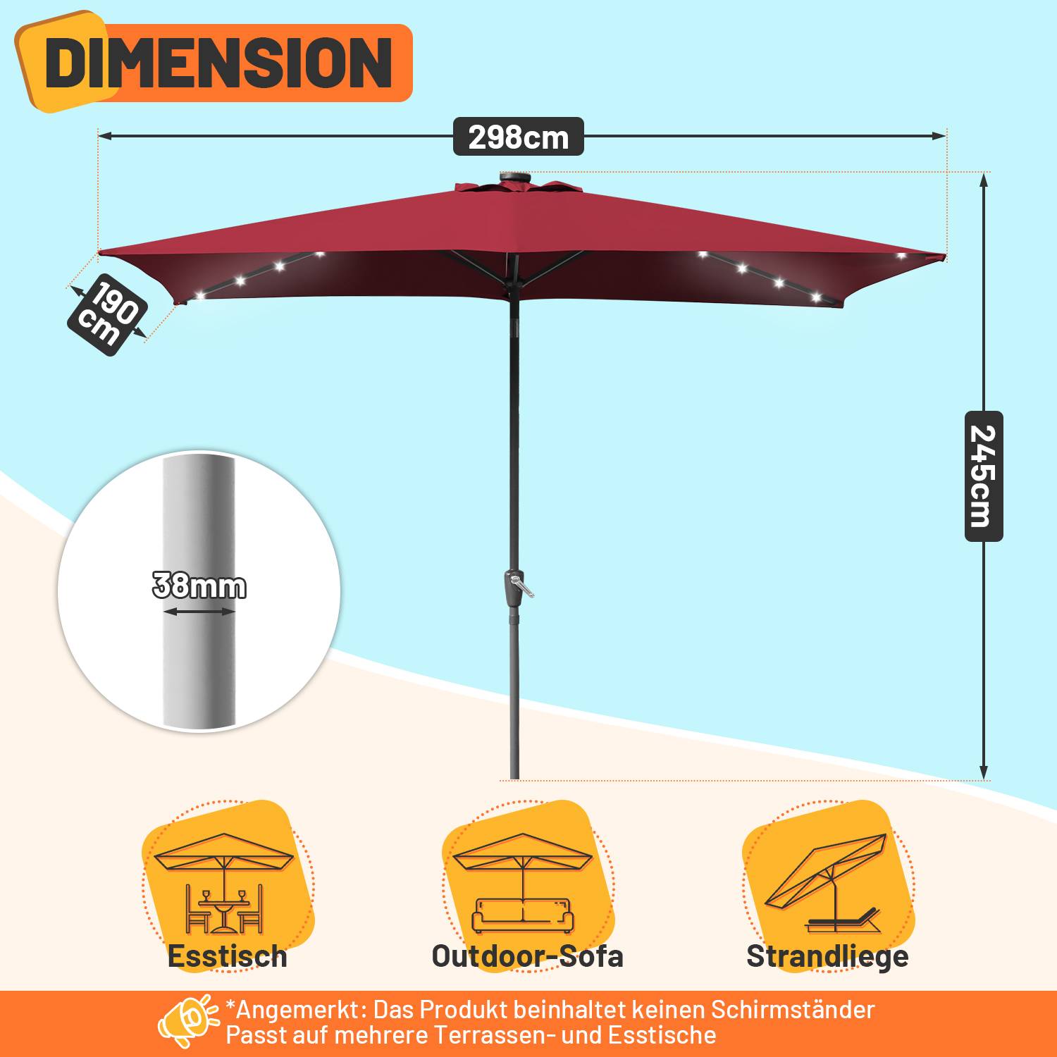 Sonnenschirm Rechteckig,Kurbel Knickbar Eisen Balkonschirm Marktschirm,neigbar,2 x 3m,LED,Rot