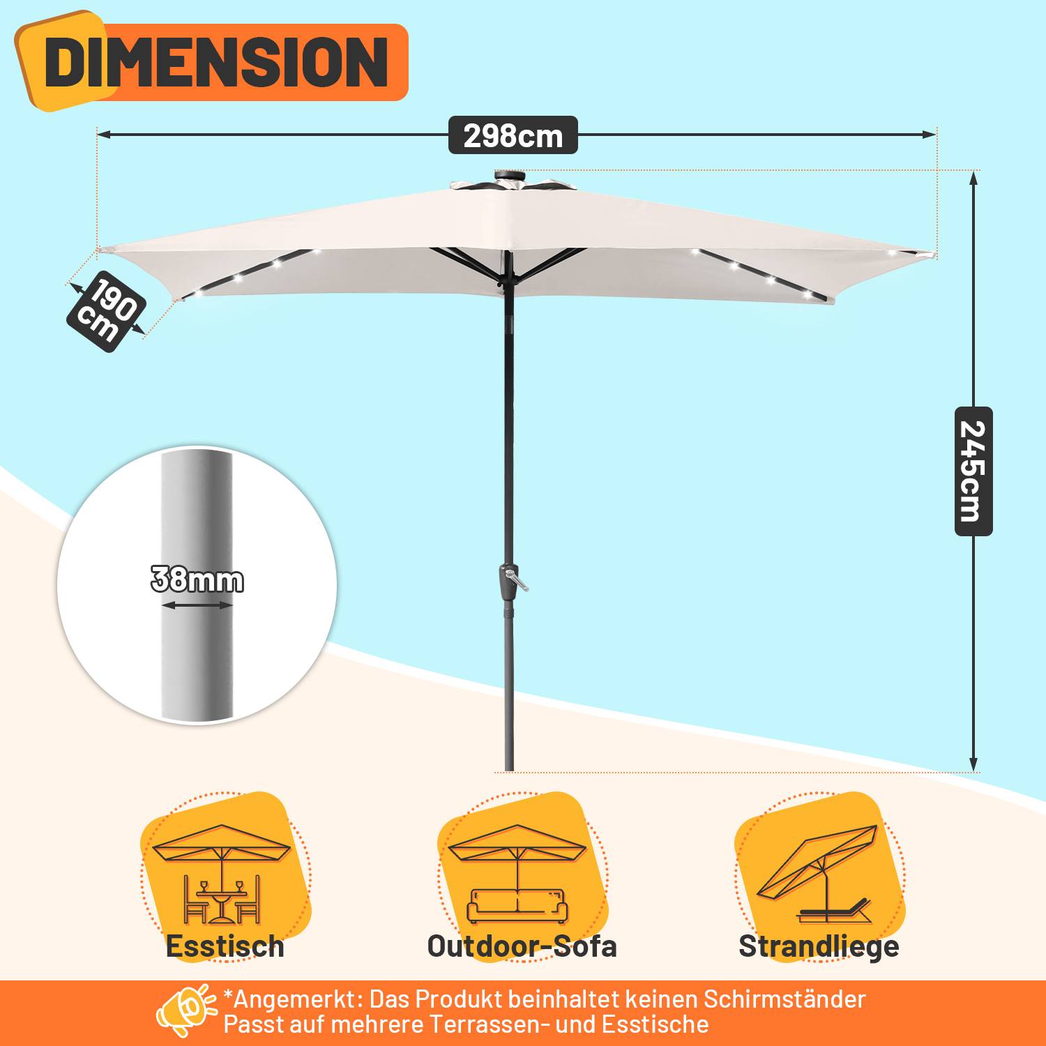 Sonnenschirm Ø300x200cm mit LED, UV-Schutz, Kurbel - Beige, Ampelschirm beidseitig um 30° knickbar Rechteckig Balkonschirm
