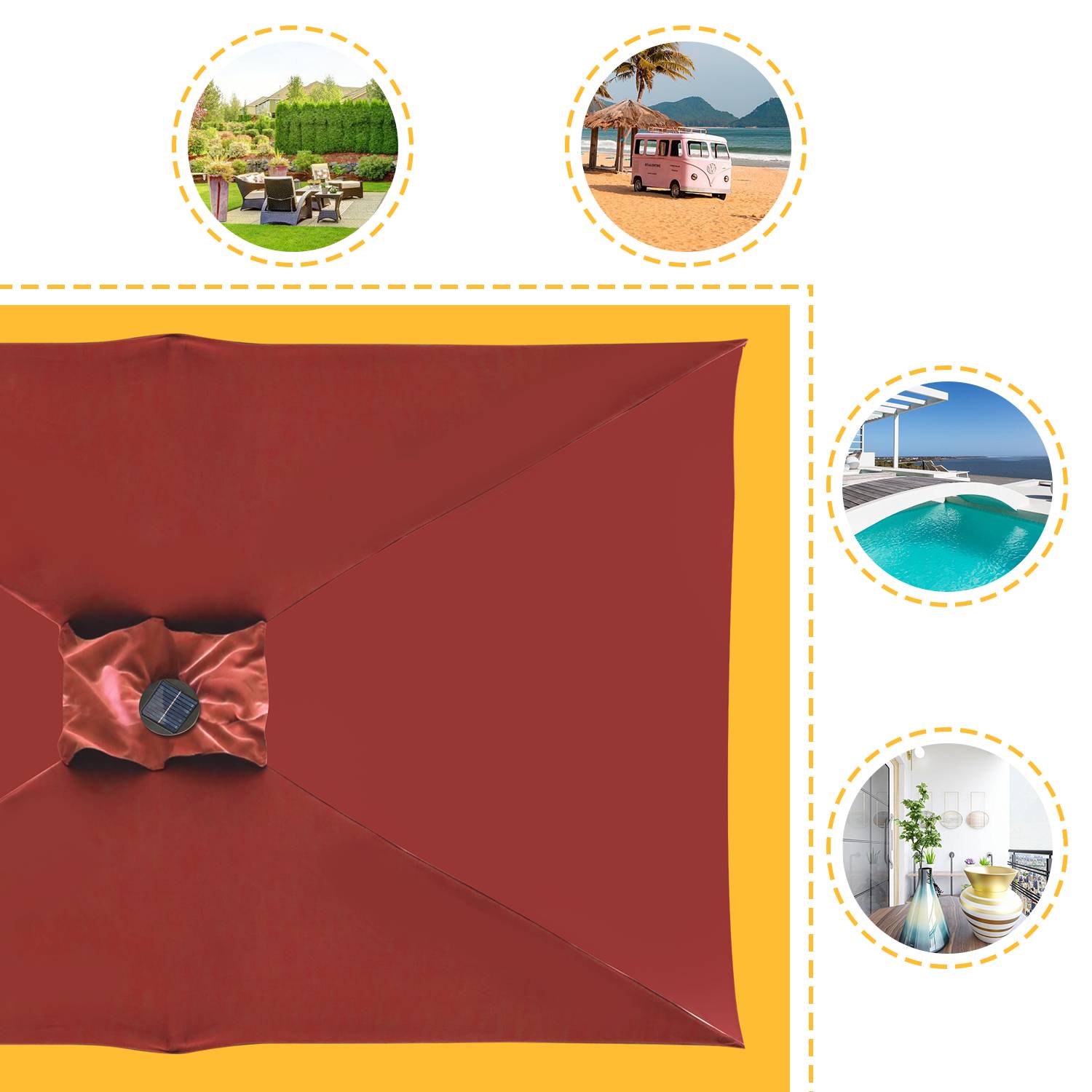 Sonnenschirm Rechteckig,Kurbel Knickbar Eisen Balkonschirm Marktschirm,neigbar,1.4x2.1m,LED,Rot