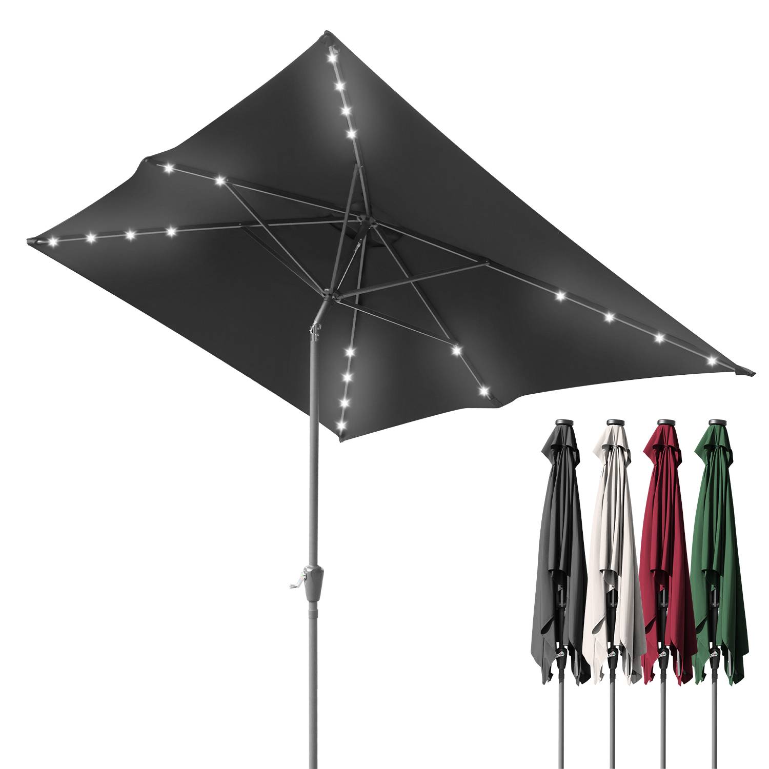 Sonnenschirm Rechteckig,Kurbel Knickbar Eisen Balkonschirm Marktschirm,neigbar,1.4x2.1m,LED,Grau