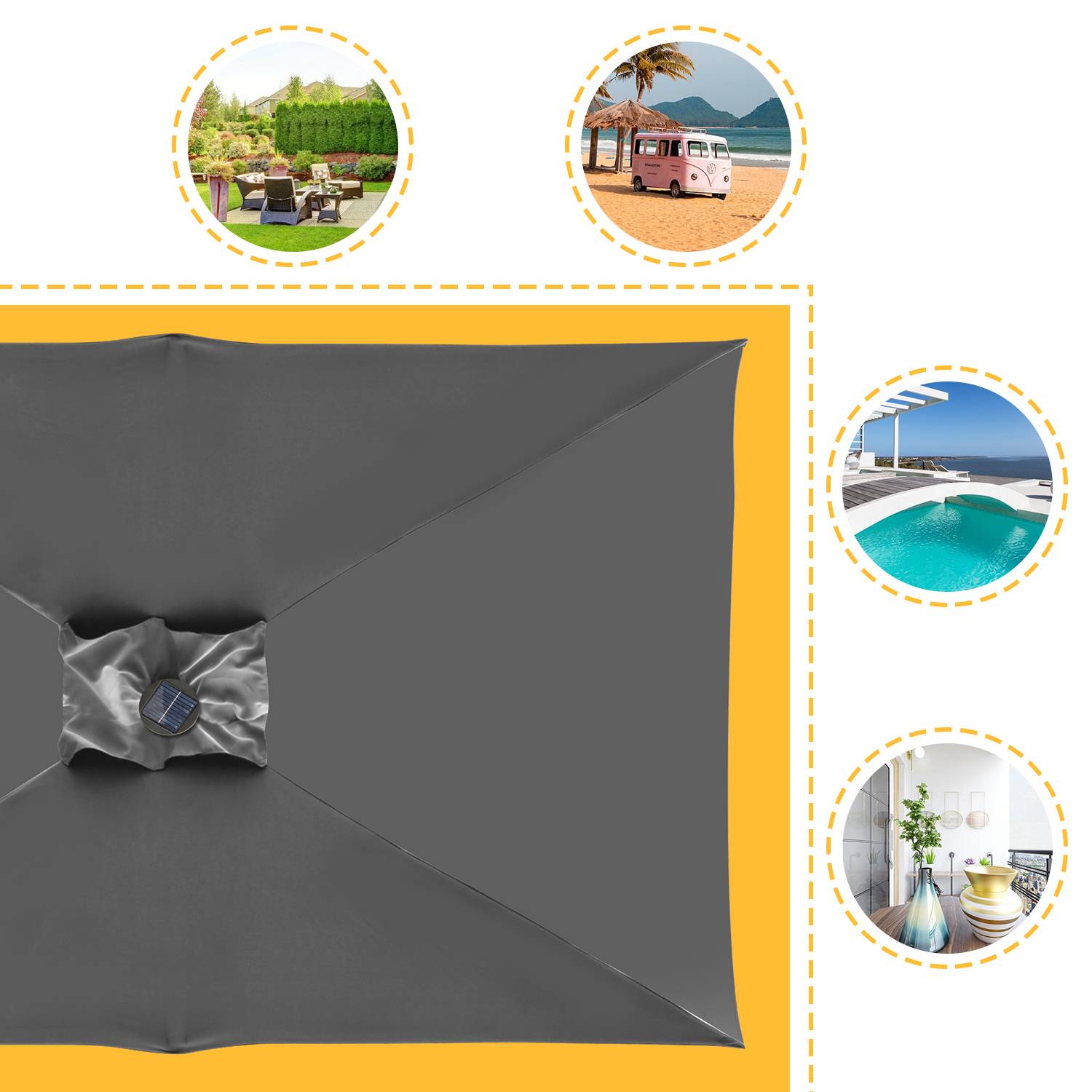 Sonnenschirm Rechteckig,Kurbel Knickbar Eisen Balkonschirm Marktschirm,neigbar,1.4x2.1m,LED,Grau