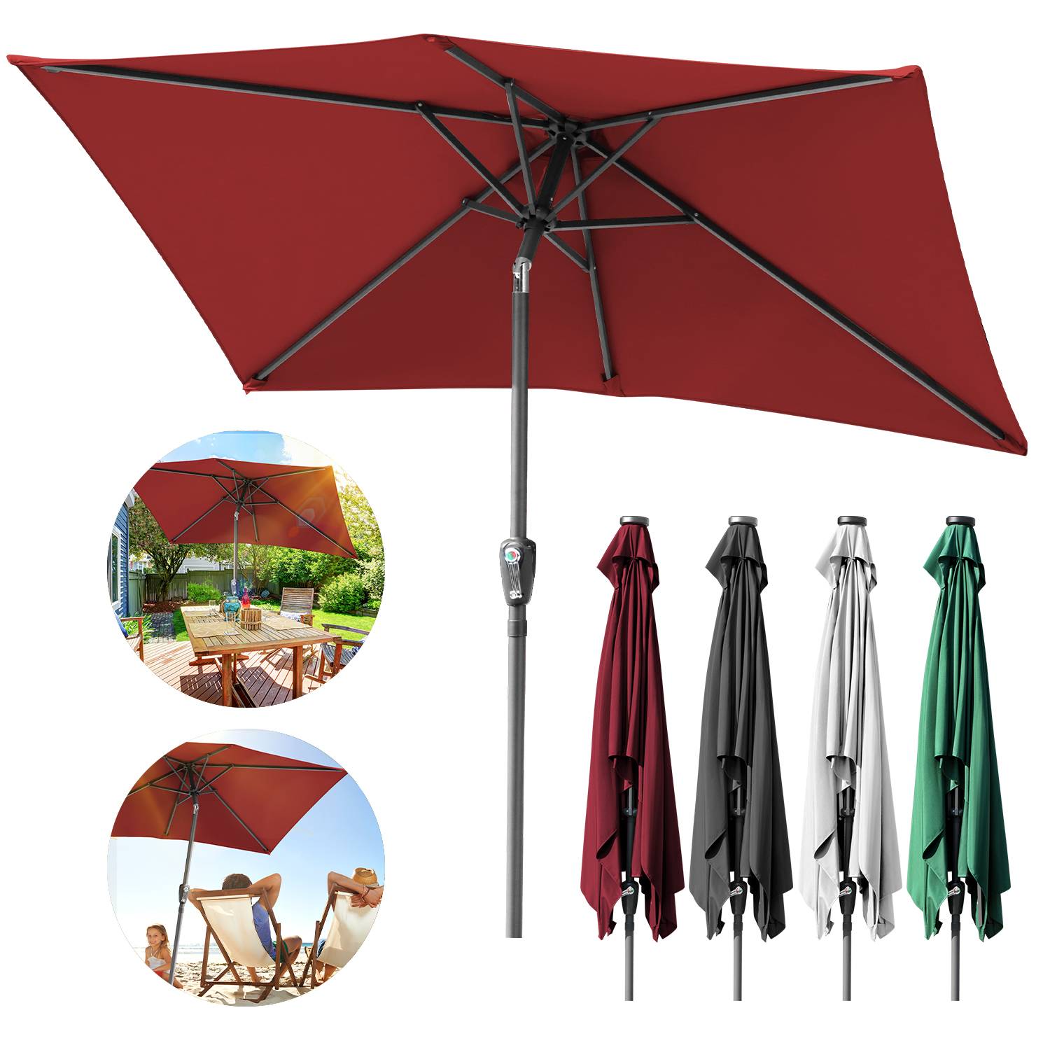 Sonnenschirm Rechteckig,Kurbel Knickbar Eisen Balkonschirm Marktschirm,neigbar,1.4x2.1m,Rot