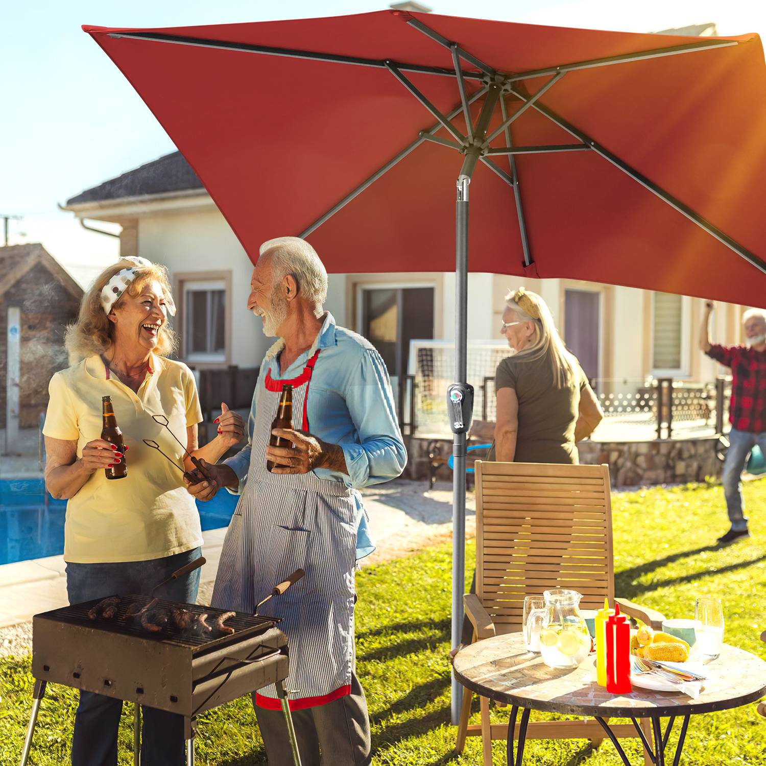 Sonnenschirm Rechteckig,Kurbel Knickbar Eisen Balkonschirm Marktschirm,neigbar,1.4x2.1m,Rot
