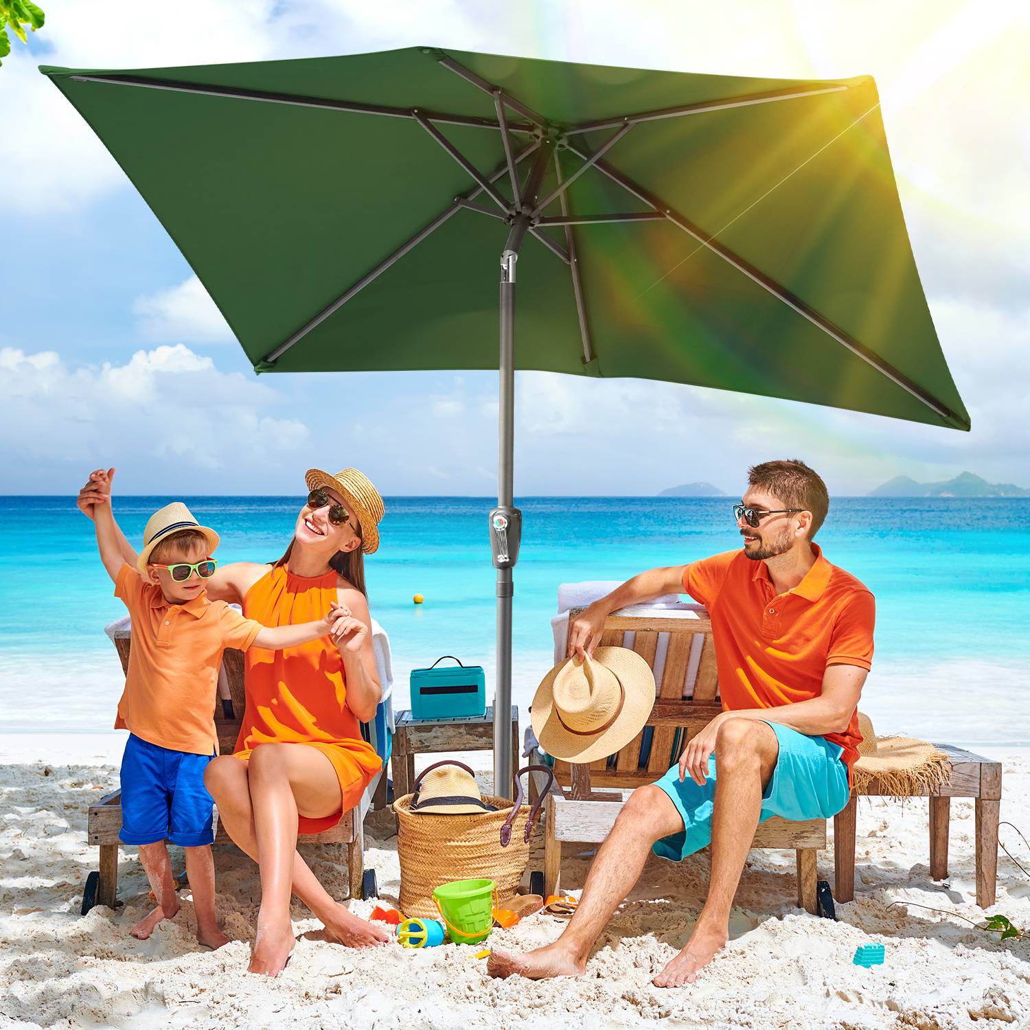 Sonnenschirm Rechteckig,Kurbel Knickbar Eisen Balkonschirm Marktschirm,neigbar,2 x 3m,Grün