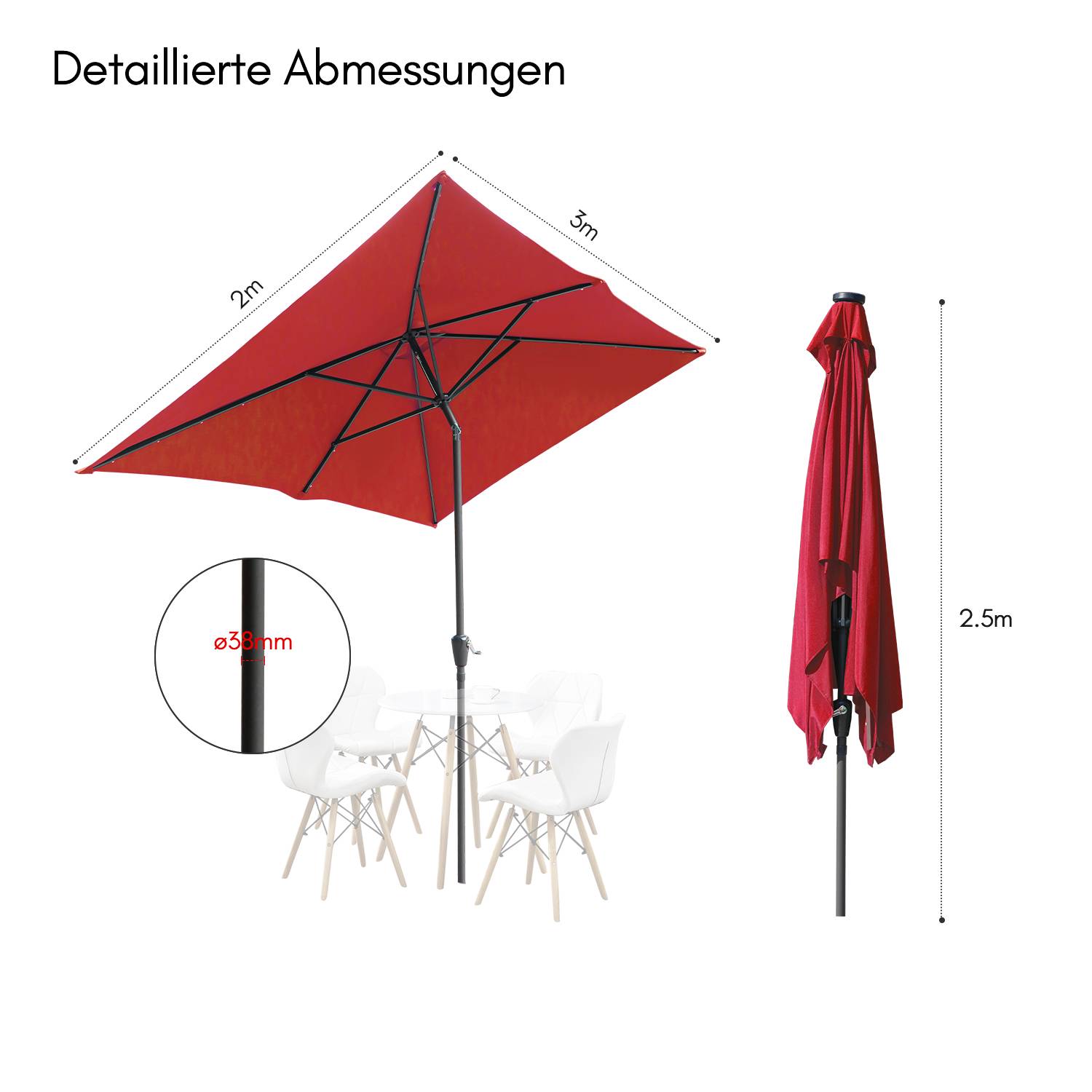 Sonnenschirm Rechteckig,Kurbel Knickbar Eisen Balkonschirm Marktschirm,neigbar,2 x 3m,Rot