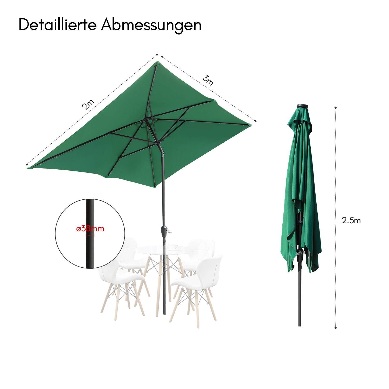 Sonnenschirm Rechteckig,Kurbel Knickbar Eisen Balkonschirm Marktschirm,neigbar,2 x 3m,Grün
