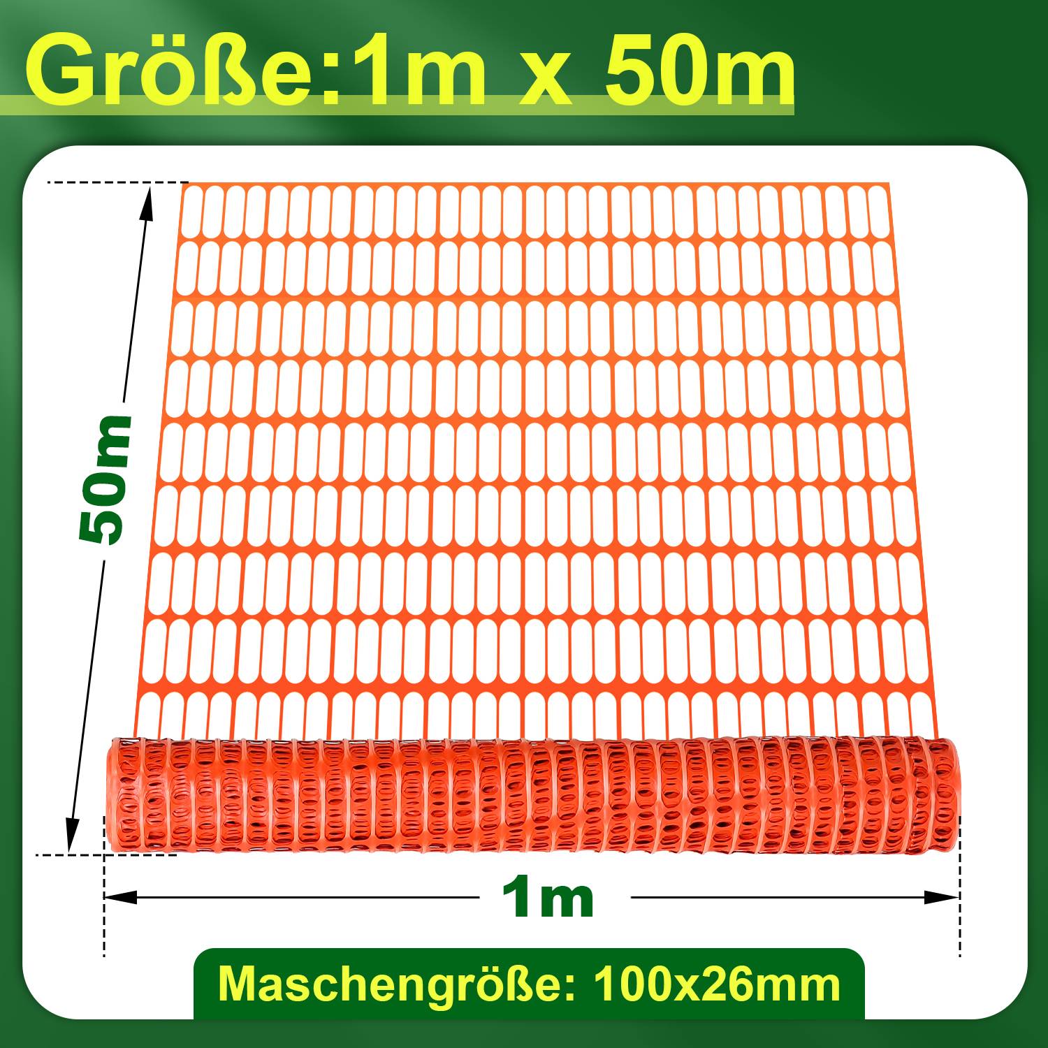 Absperrzaun 1x50m, Bauzaun Warnnetz orange,Sicherheitszaun mobiles Netz, Kunststoff Fangzaun, Zaun flexibel