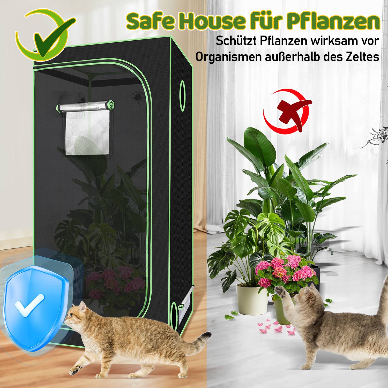 Werbebild eines Pflanzenzuchtzelt mit der Bezeichnung „Safe House für Pflanzen", das Pflanzen im Zelt geschützt vor Schädlingen und Haustieren außerhalb des Zelts zeigt.