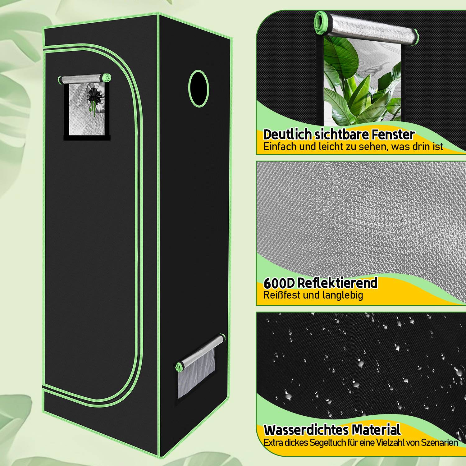 Tragbares schwarzes Growzelt mit grünem Rand und Sichtfenstern, dargestellt mit drei Nahaufnahmen, die das sichtbare Fenster, 600D reflektierendes Gewebe und wasserdichtes Material hervorheben.