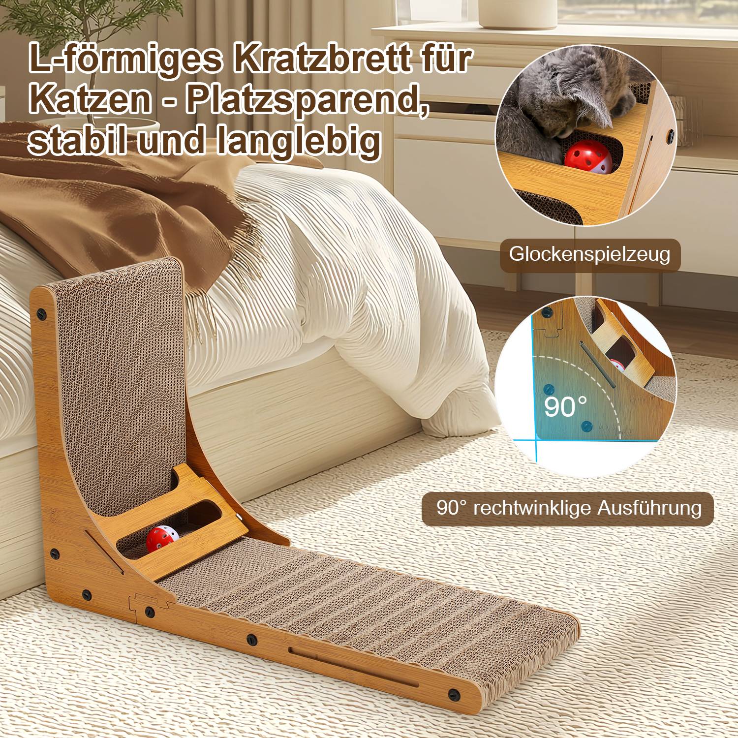 Kratzbrett Katzen L förmig für Katzen Kratzpappe Kratzmatte Katzenkratzbrett mit Ballspielzeug