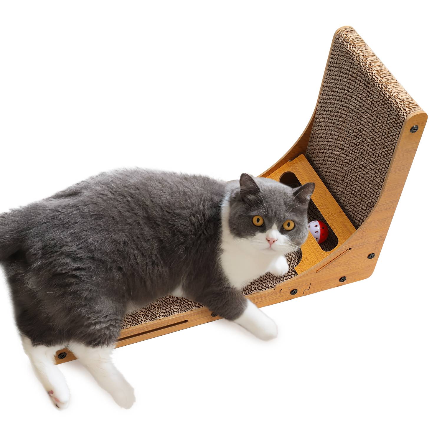 Katzen Kratzbrett L förmig Kratzpappe mit Spielbällen 62,3cm Hoch Braun