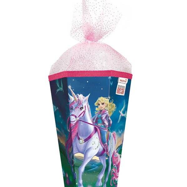 Schultüte Magische Einhornreiterin - sechseckig 85 cm Glitter Organza Glitterborte