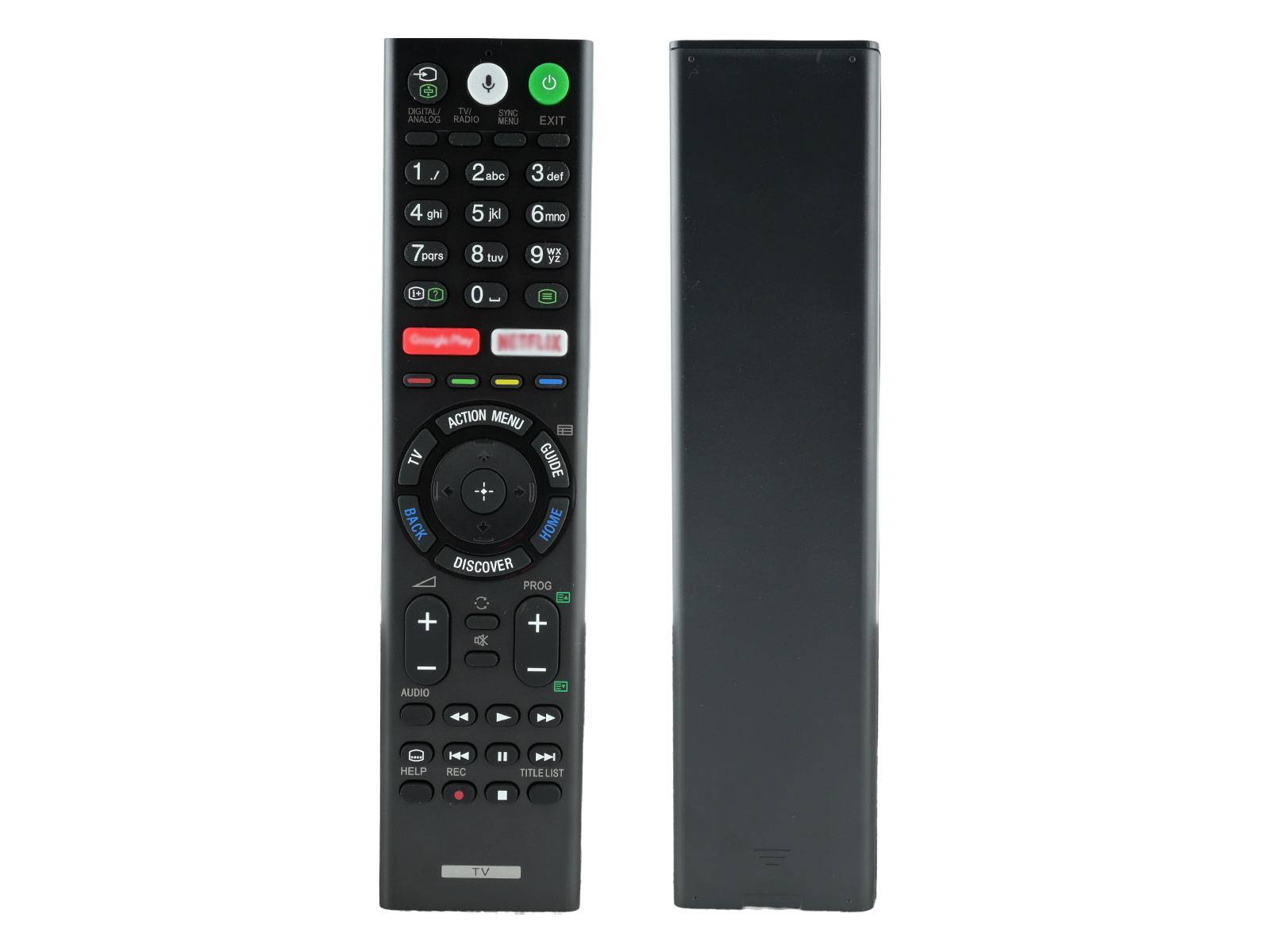 „Fernbedienung für Fernseher, von vorne und von hinten gezeigt, mit mehreren Tasten, einschließlich Ein-/Ausschalter, Lautstärke, Kanal und einer numerischen Tastatur.