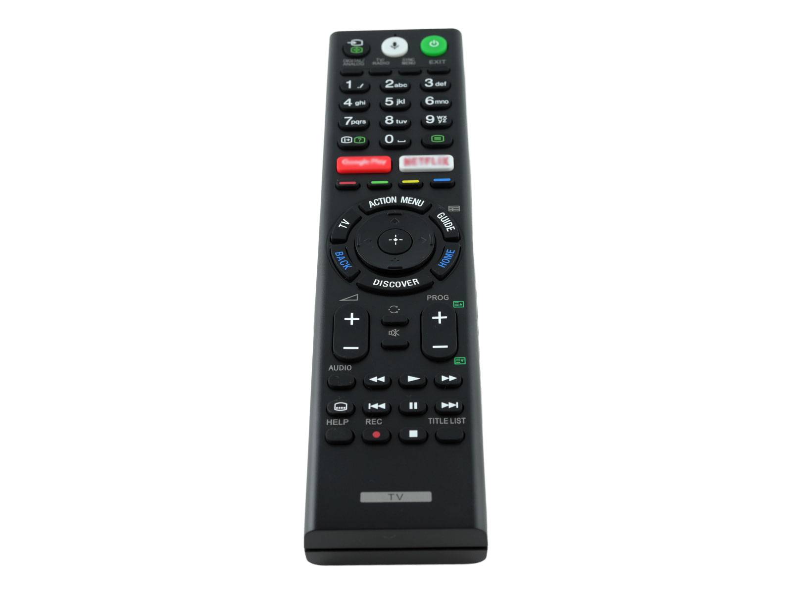 Eine schwarze Fernbedienung für Fernsehen mit verschiedenen Tasten für Lautstärke, Kanäle, Einstellungen und einem zentralen Navigationsfeld.