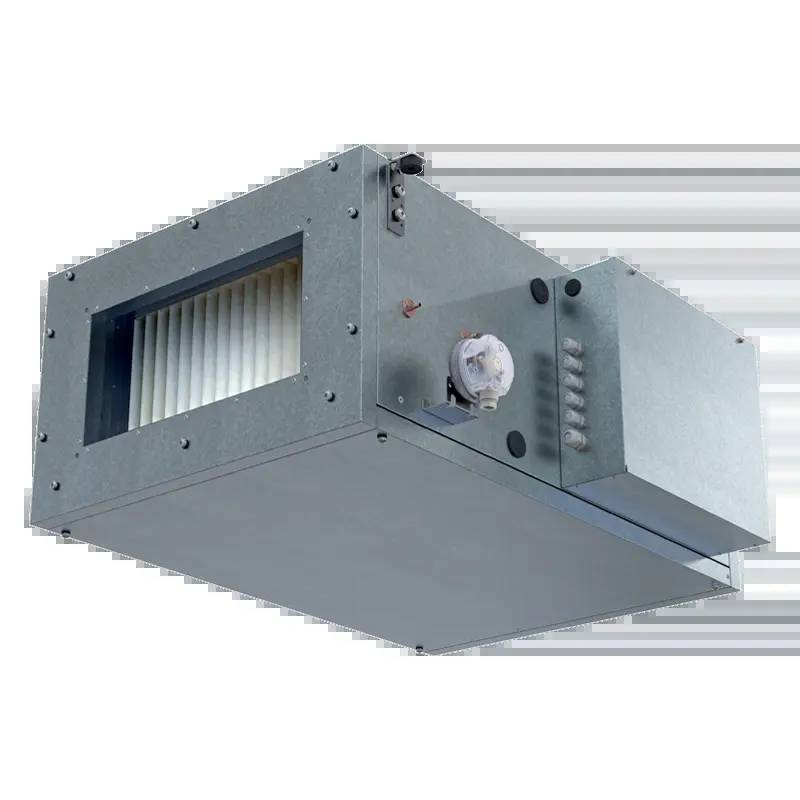 Metall-Klimaanlage mit rechteckiger Kanalöffnung und Filterpanel, isoliert auf schwarzem Hintergrund dargestellt.