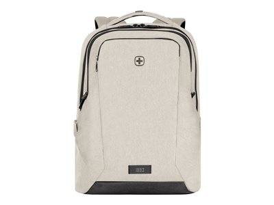 Beige Rucksack mit schwarzer Basis, mit einem kleinen Kreuzlogo auf der Vordertasche und am oberen Griff.