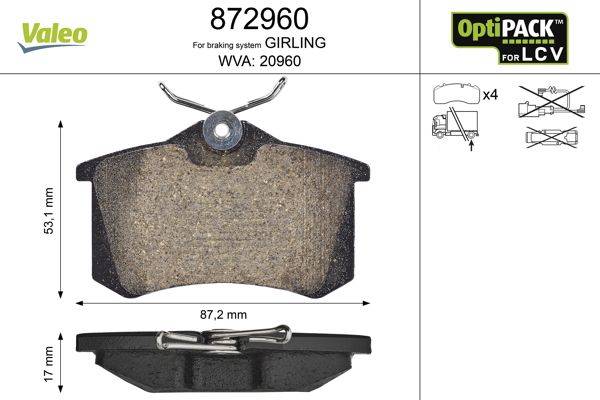 Valeo 872960 Bremsbelagsatz, Scheibenbremse