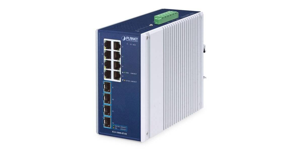 Industrieller PLANET Ethernet-Schalter mit acht Frontanschlüssen und einem grünen Anschlussblock oben, gezeigt auf weißem Hintergrund.