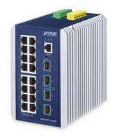 Ein industrieller Ethernet-Switch mit mehreren RJ-45- und Glasfaserports, entwickelt für Netzwerkverbindungen und robuste Leistung.