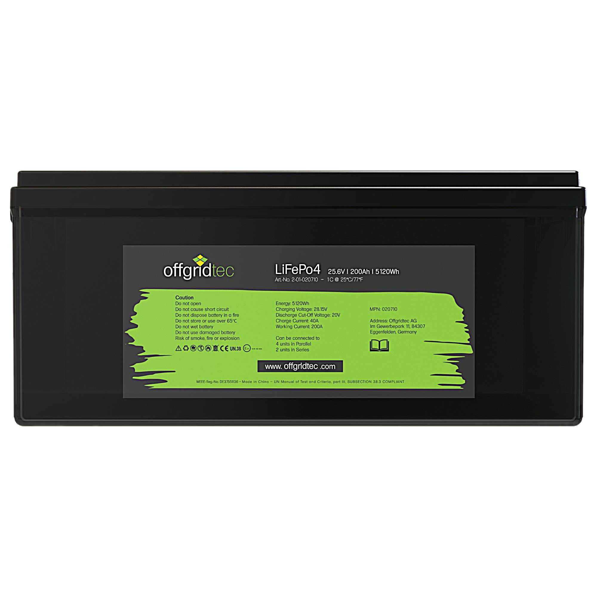 Schwarze Offgridtec LiFePO4-Batterie, beschriftet mit 25,6V 200Ah 5120Wh, frontal vor weißem Hintergrund abgebildet.
